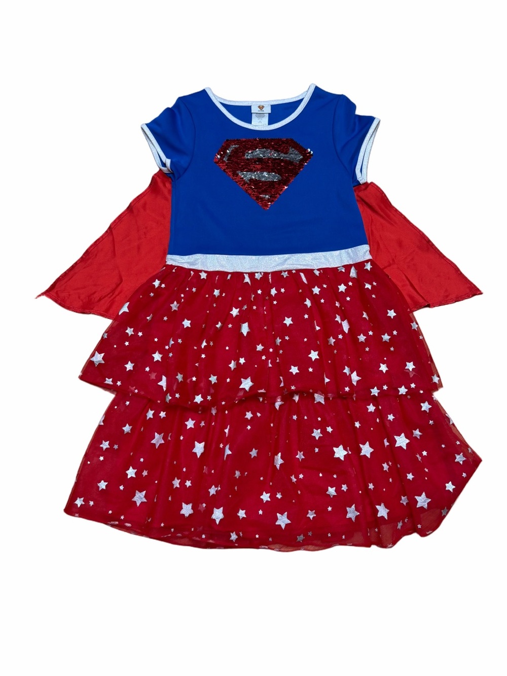 DC Supergirl Cape Costume Dress Girls XL 14/16 Reversible Sequin Logo Stars